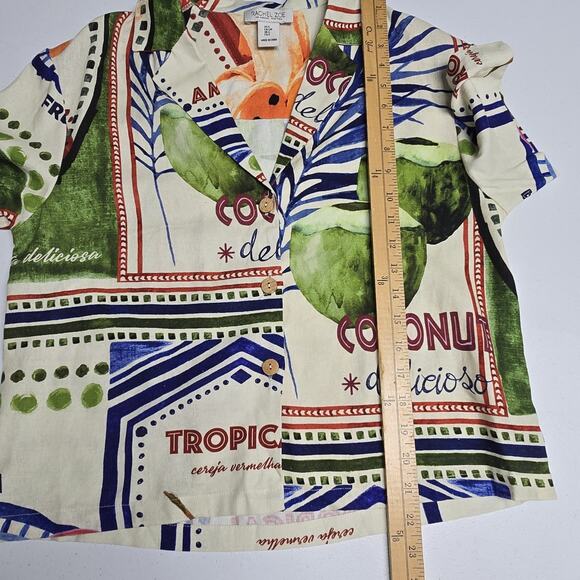 Rachel Zoe Shirt Small Tropical Floral Coconuts Button Front Crop Linen Blend - Picture 9 of 9